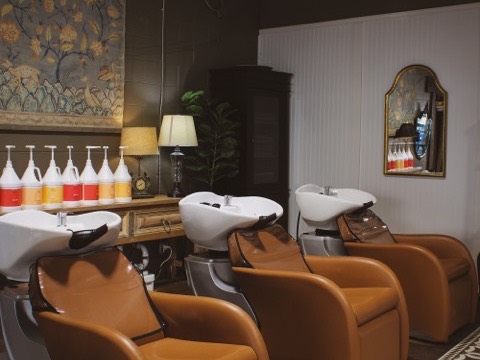 Three backwash basins with tan leather recliners beneath a large framed botanical tapestry, with color bottles lined up along the console beside them.