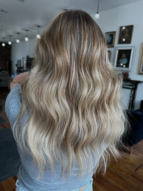 Soft blonde balayage with beach waves, Craft Collective Salon Group