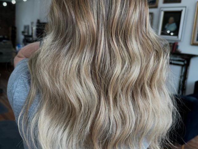 Soft blonde balayage with beach waves, Craft Collective Salon Group